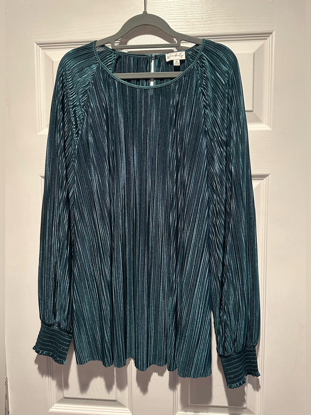 Wonderly Dark Green Pleated Long-Sleeve Blouse